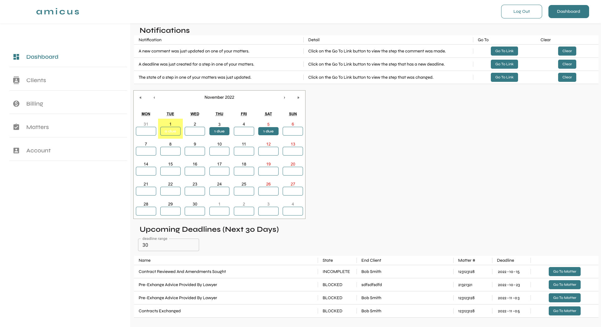 Amicus's dashboard