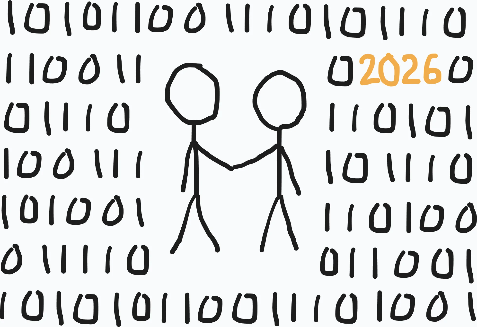 Two people holding hands while surrounded by binary code.