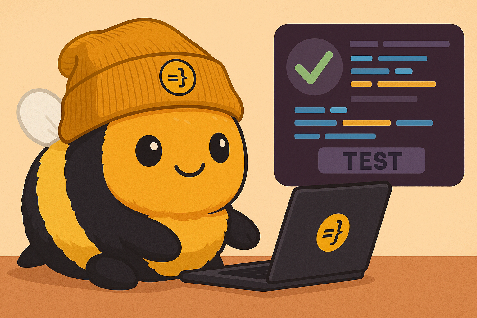 An AI generated image of Wasp mascot thinking about testing the web framework