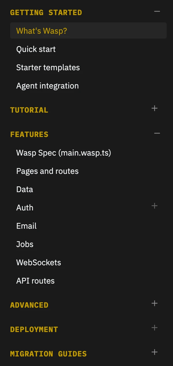 The six sections of the Wasp 0.26 docs sidebar: Getting started, Tutorial, Features, Advanced, Deployment and Migration guides