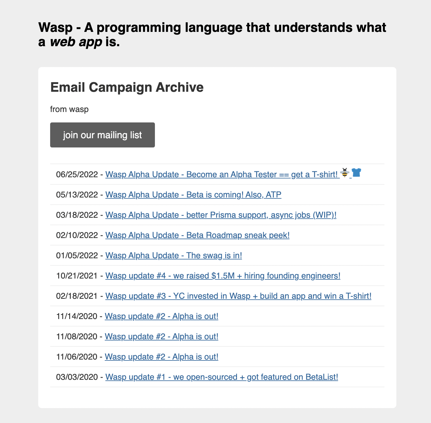 A screenshot of Wasp's monthly newsletter archives