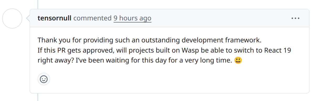 User excited about React 19 support